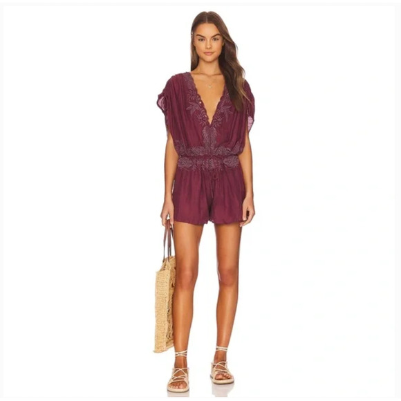 Free People Weila Lace Trim Romper In Pomegranate Modal Burgundy Size Medium - Picture 1 of 16